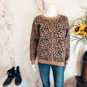 Philosophy Leopard Print Chunky Knit Sweater Brown Black Soft Cozy Crew M